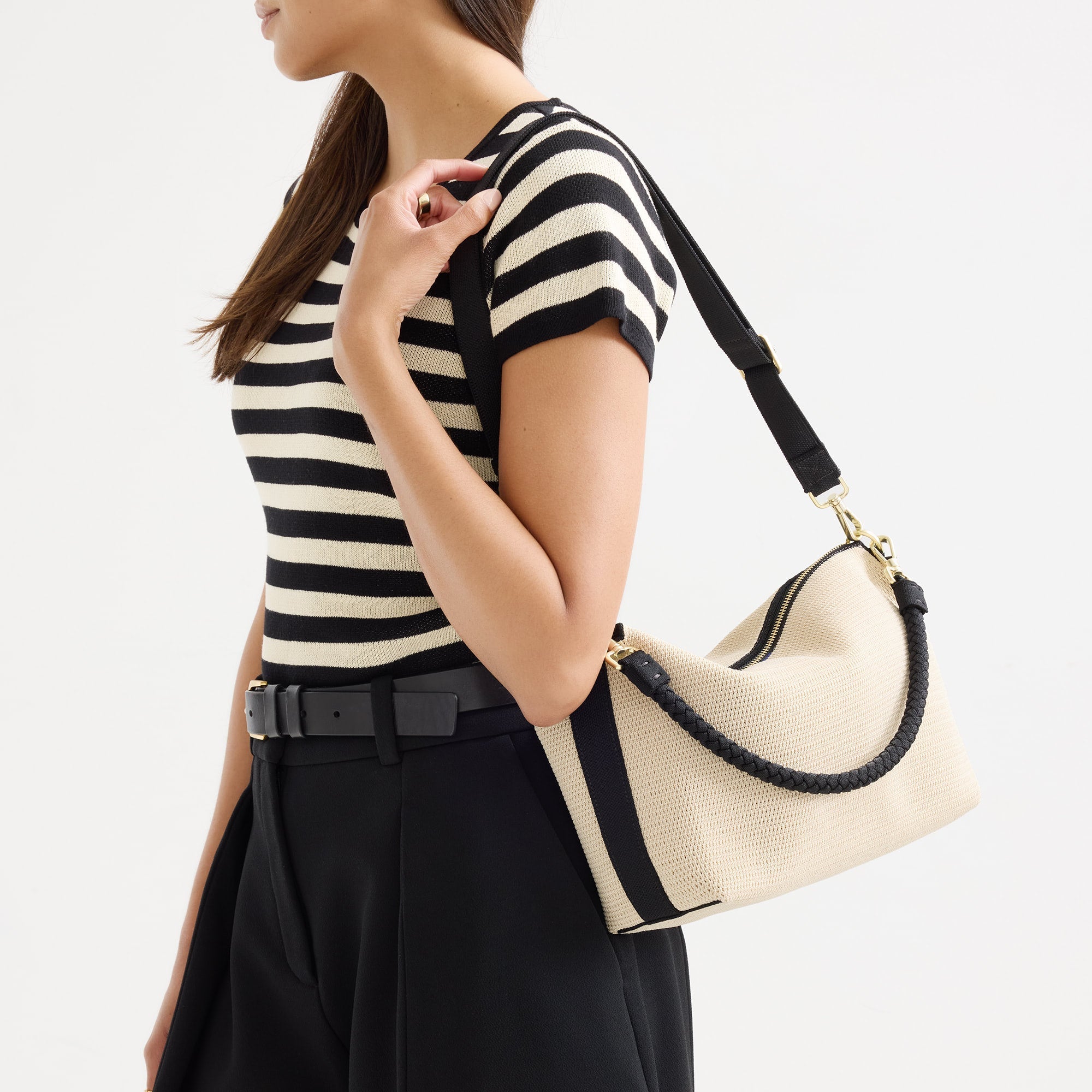 The Daily Crossbody - Black and White Raffia-Knit