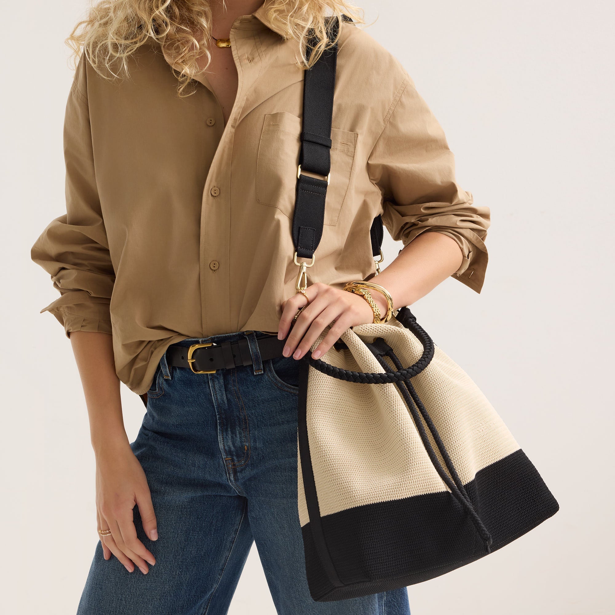The Cinch Bucket Bag - Black and White Raffia-Knit