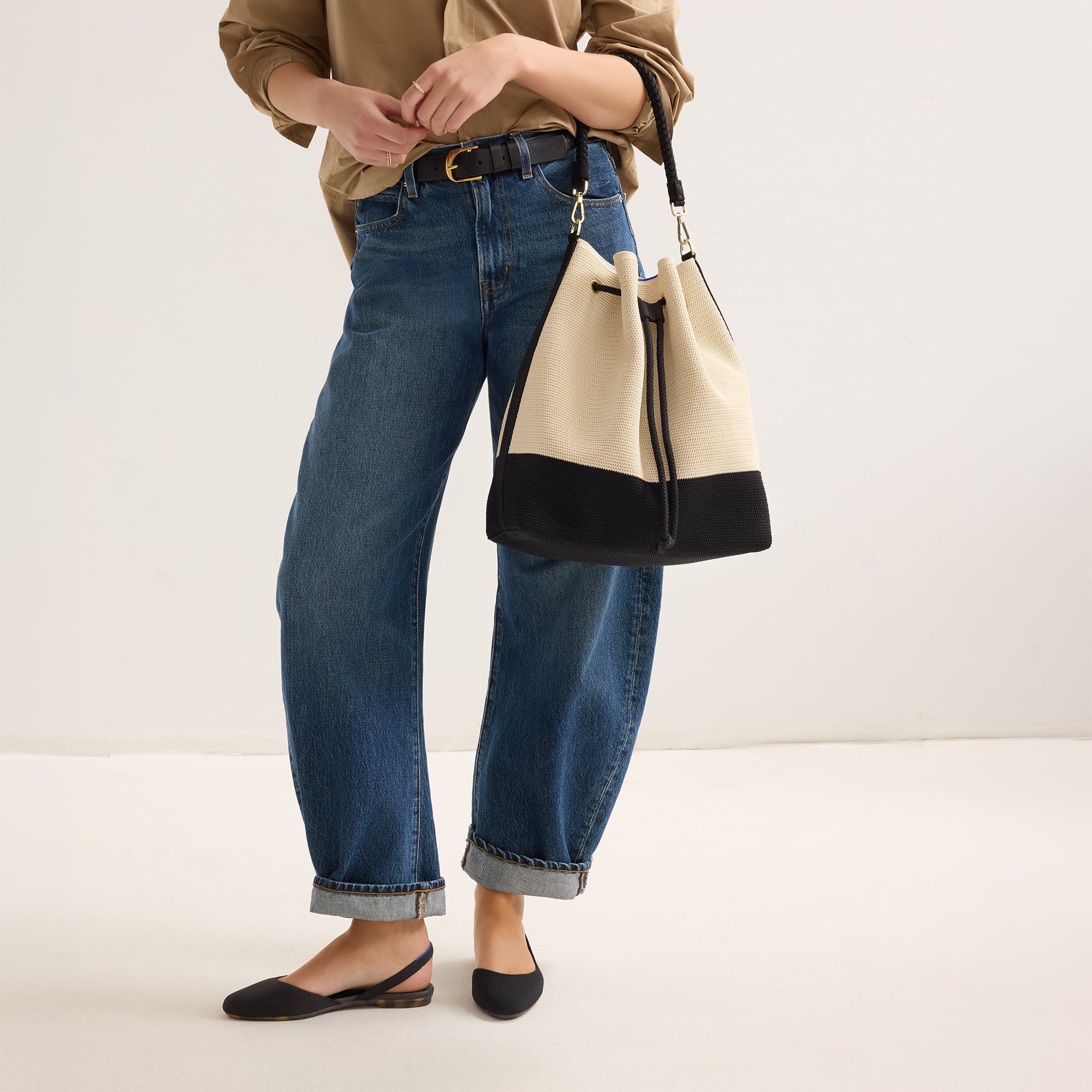 The Cinch Bucket Bag - Black and White Raffia-Knit
