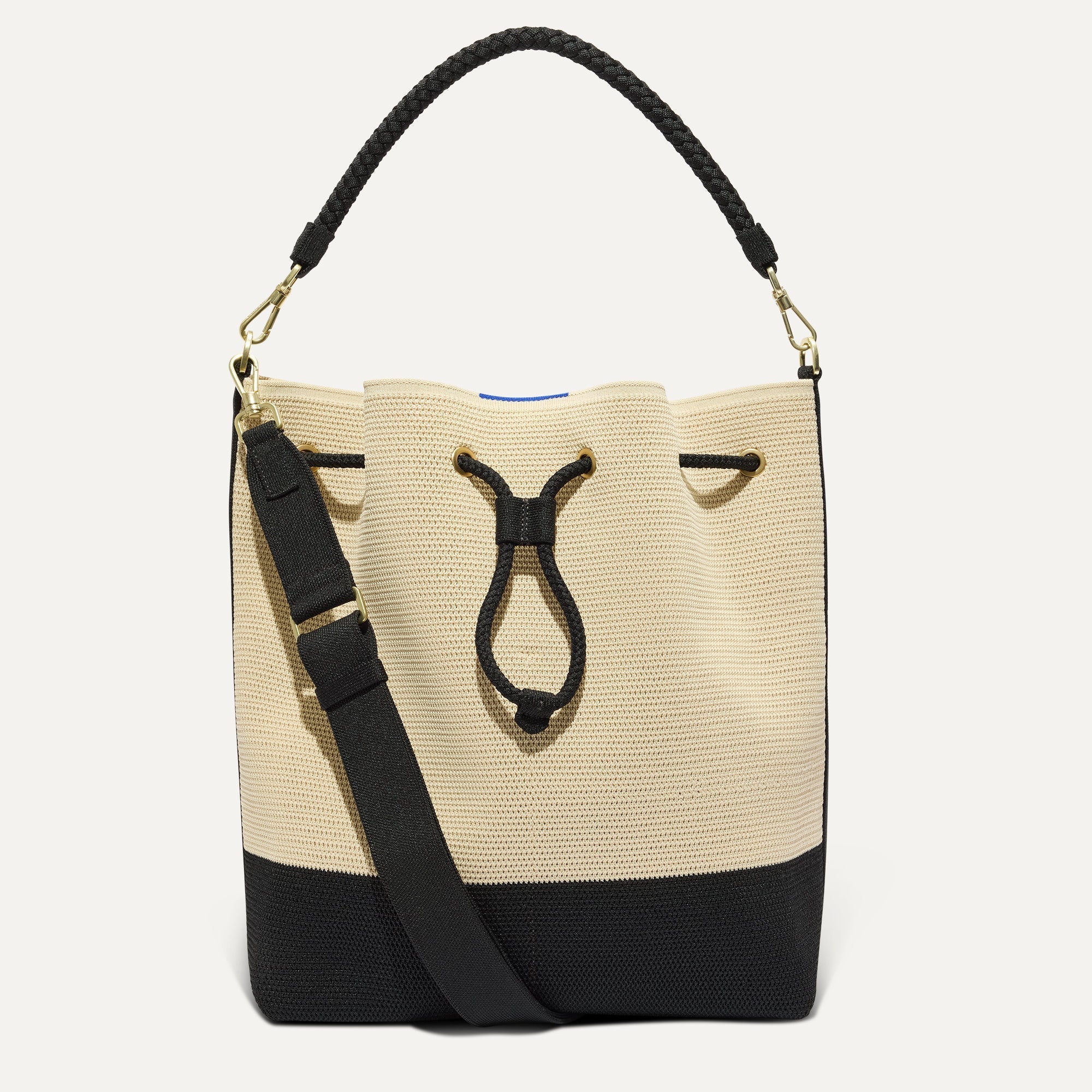 The Cinch Bucket Bag - Black and White Raffia-Knit
