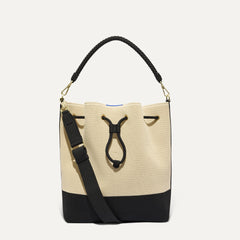 The Cinch Bucket Bag - Black and White Raffia-Knit